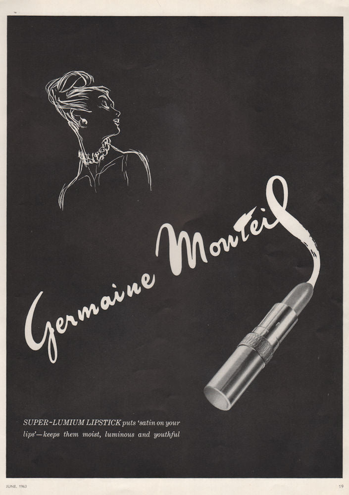 Germaine Montiel. Super-lumium lipstick puts 'satin on your lips'. Advert 1963